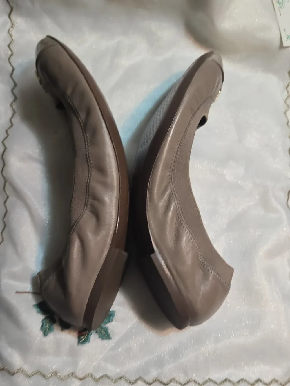 Tory Burch Taupe Patent & Leather Logo Ballet Flats